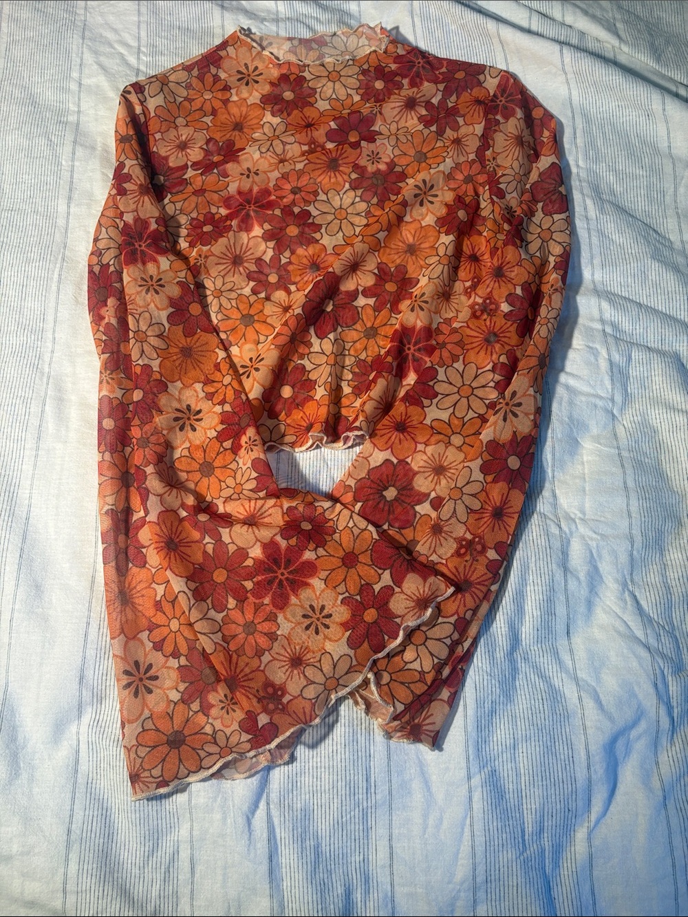 Floral Mesh Long-Sleeve Top in Orange and Brown